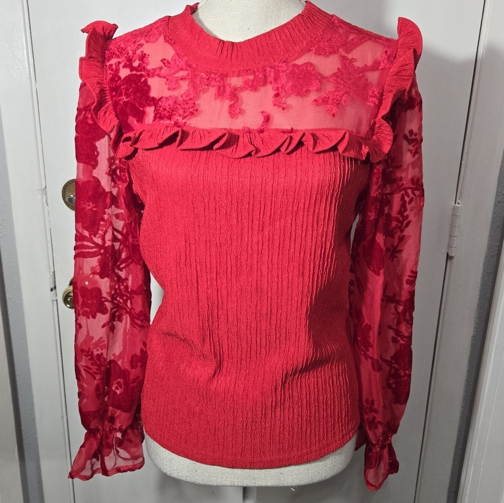 Alice Blue Red Long Sleeve Blouse Sheer Sleeves Sz S